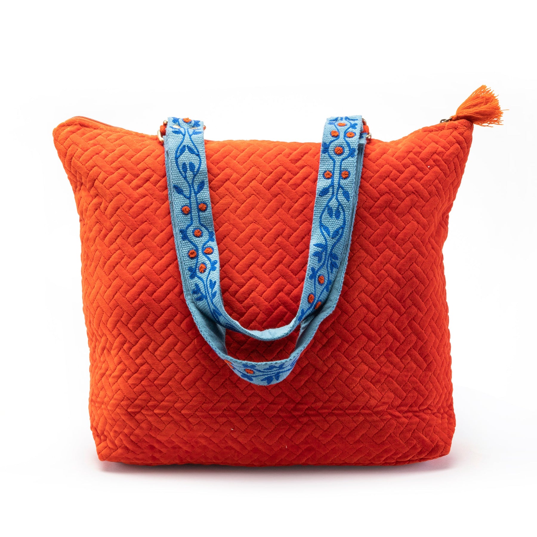 Quilted Tote Bag with Hand Embroidered Strap-Orange Vine