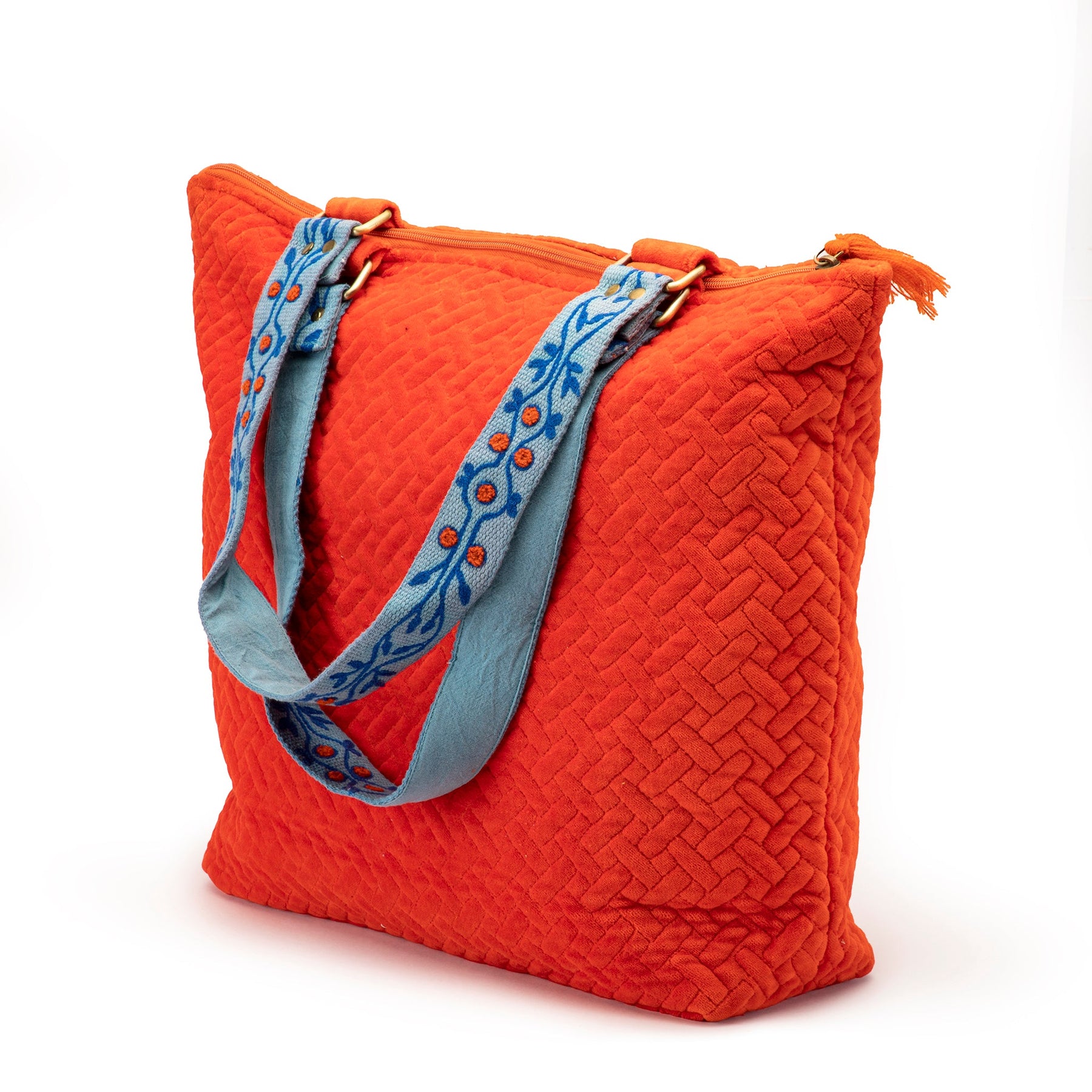 Quilted Tote Bag with Hand Embroidered Strap-Orange Vine