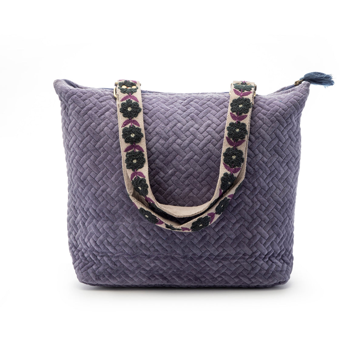 Quilted Tote Bag with Hand Embroidered Strap-Purple Floral