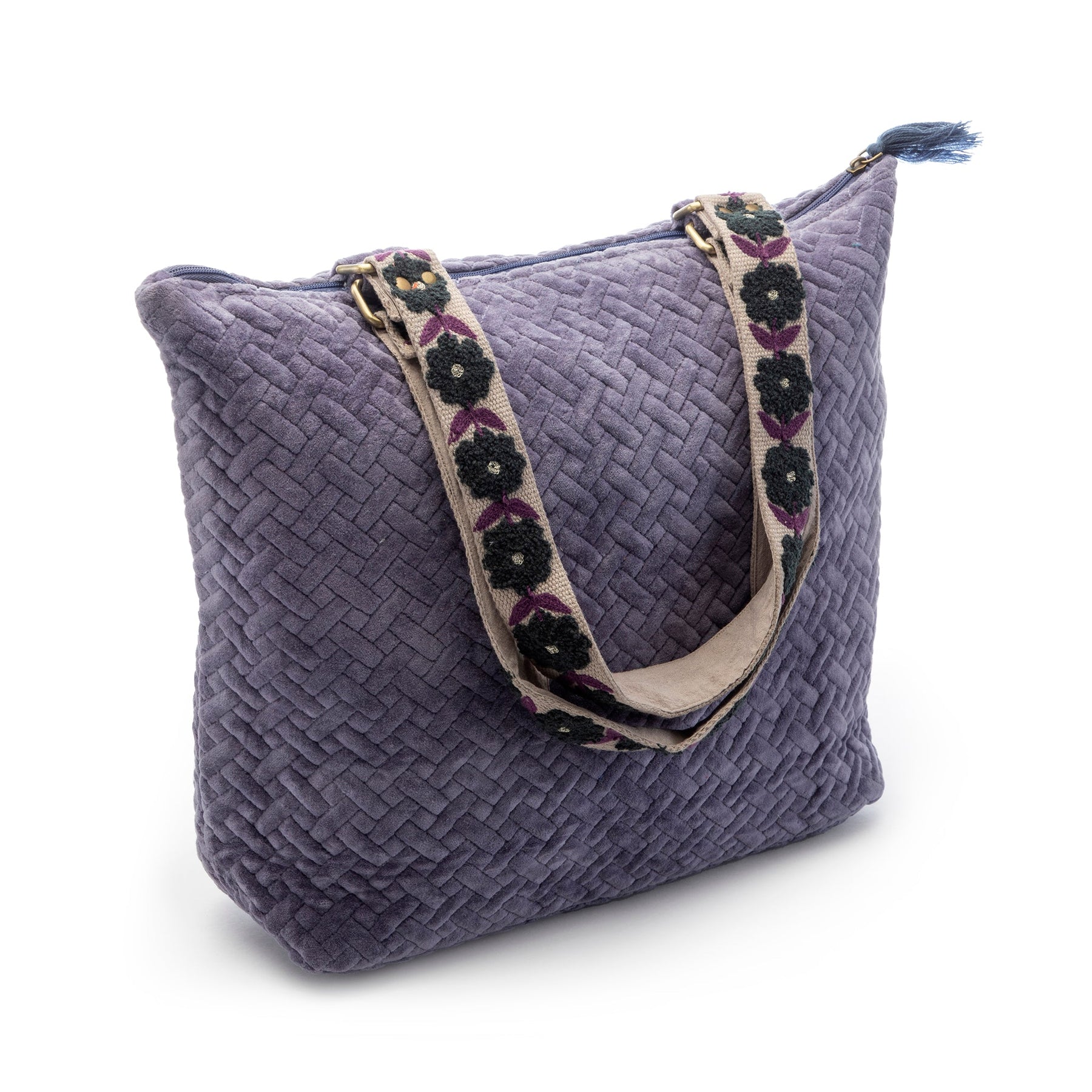 Quilted Tote Bag with Hand Embroidered Strap-Purple Floral
