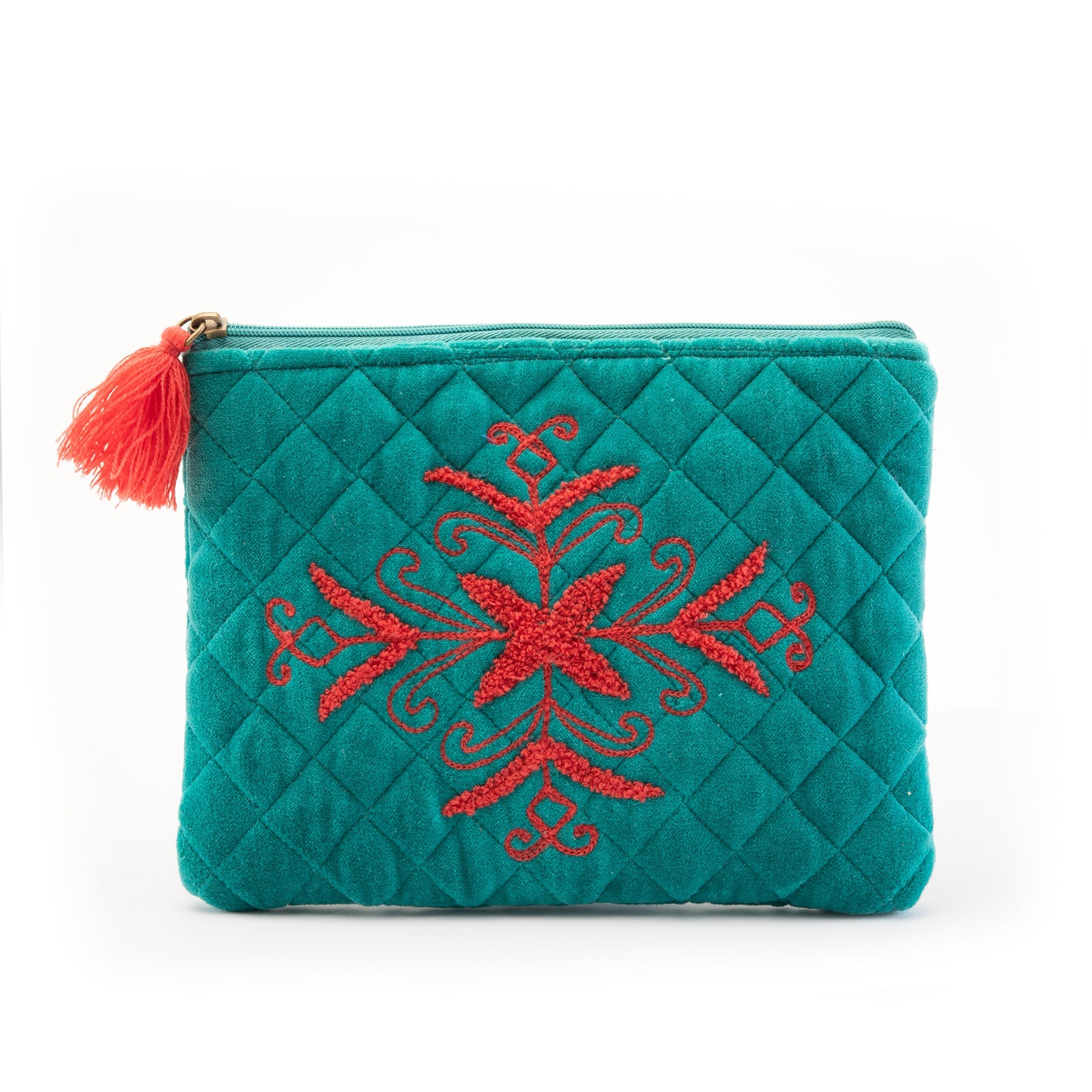 Embroidered Makeup Pouch-Teal Crossings