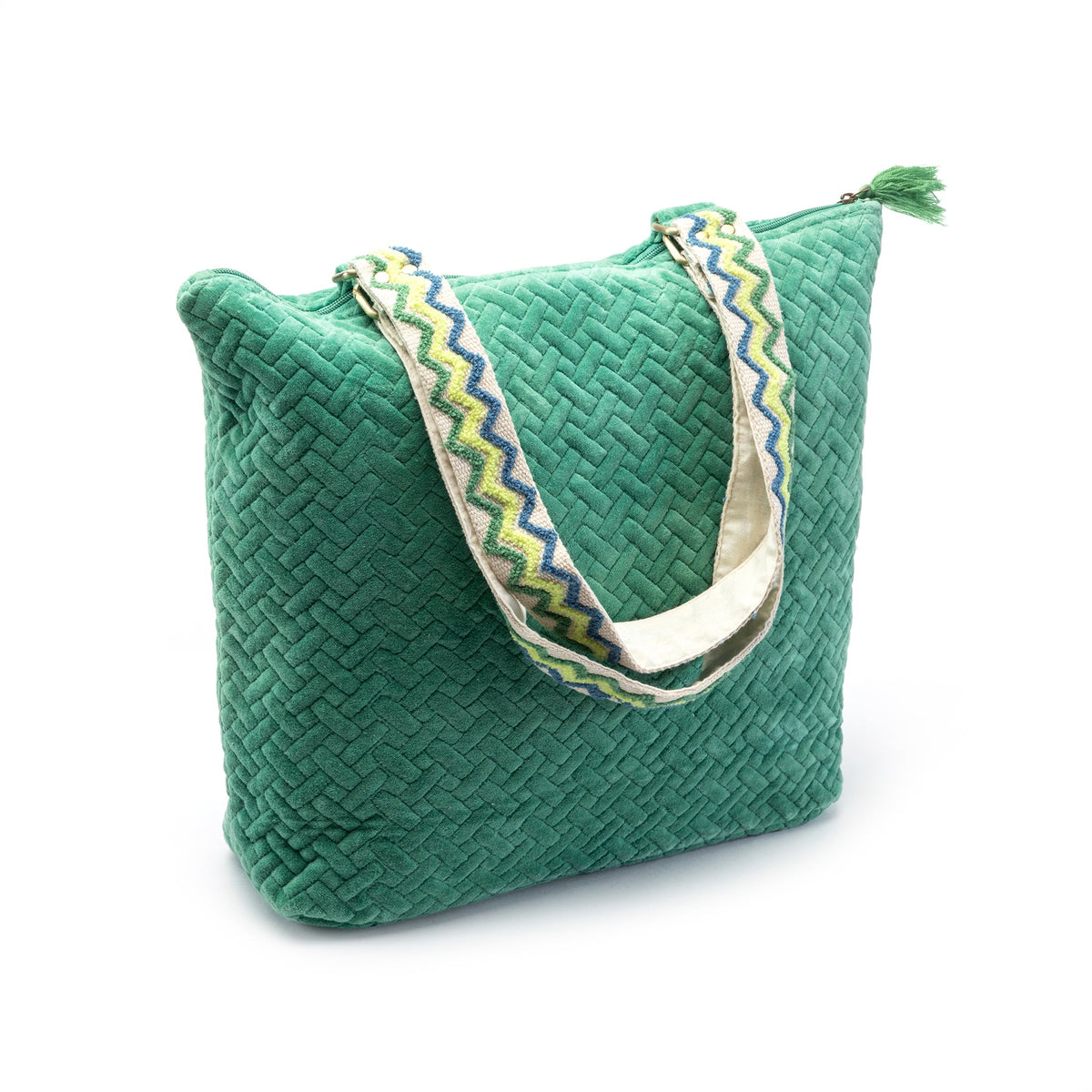 Quilted Tote Bag with Hand Embroidered Strap-Green Zigzag