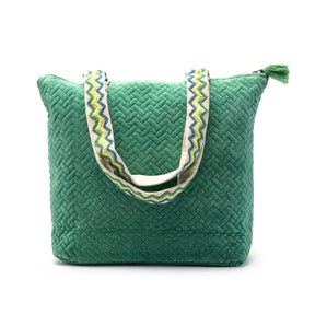 Quilted Tote Bag with Hand Embroidered Strap-Green Zigzag