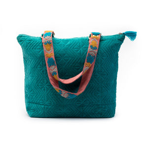 Quilted Tote Bag with Hand Embroidered Strap-Teal Floral
